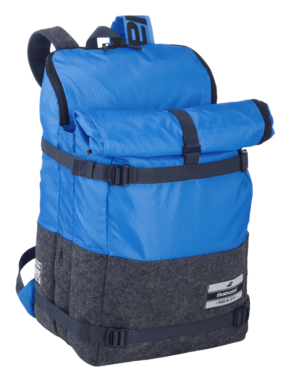Babolat Evo 3+3 Backpack in Blue/Grey, featuring a stylish design suitable for use on and off the court, with multiple compartments and pockets for organized storage of tennis gear and personal belongings.