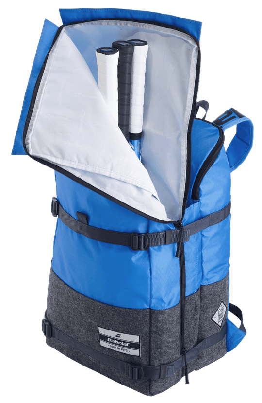 Babolat Evo 3+3 Backpack in Blue/Grey, holds 3 racquets in the cover.