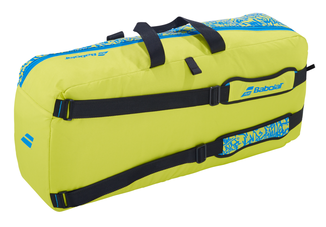 Back view of the Babolat Classic Duffel in Yellow Lime/Blue, showcasing adjustable and padded backpack straps for convenient carrying options.