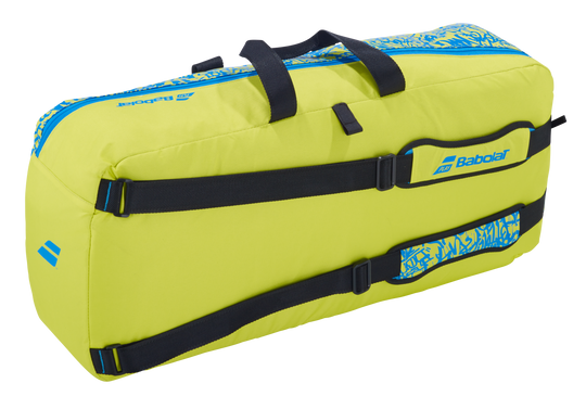 Back view of the Babolat Classic Duffel in Yellow Lime/Blue, showcasing adjustable and padded backpack straps for convenient carrying options.