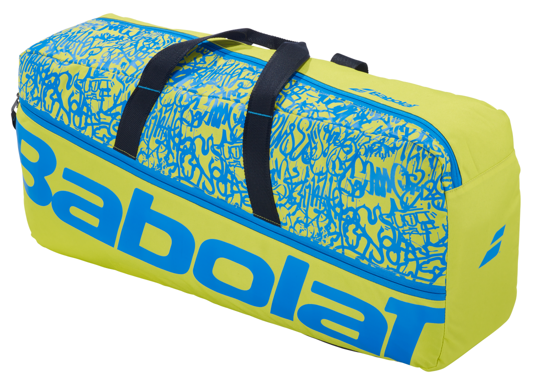Front view of the Babolat Classic Duffel in Yellow Lime/Blue, a versatile tennis bag with integrated compartments and bold, aggressive styling.
