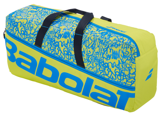 Front view of the Babolat Classic Duffel in Yellow Lime/Blue, a versatile tennis bag with integrated compartments and bold, aggressive styling.