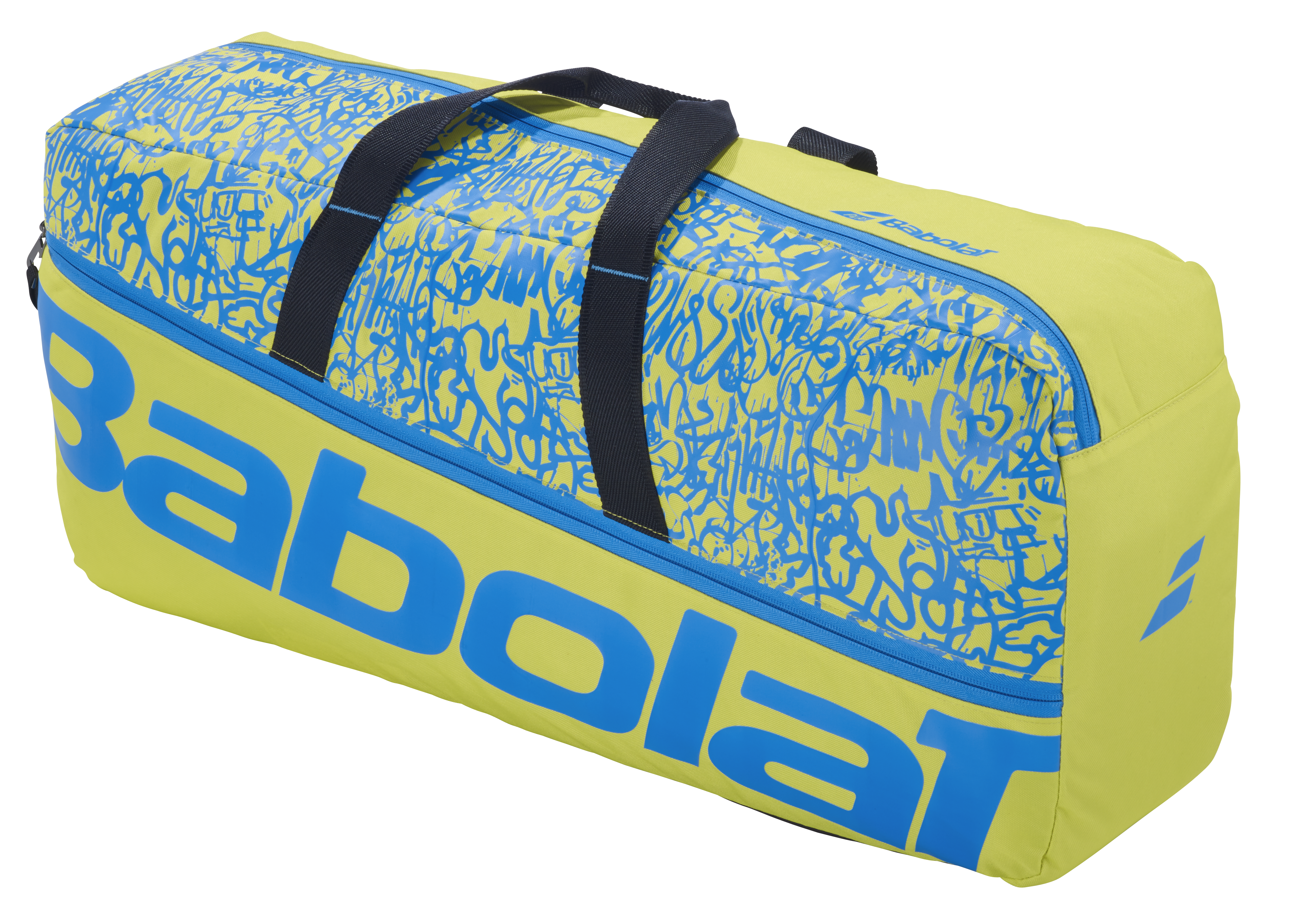 Front view of the Babolat Classic Duffel in Yellow Lime/Blue, a versatile tennis bag with integrated compartments and bold, aggressive styling.