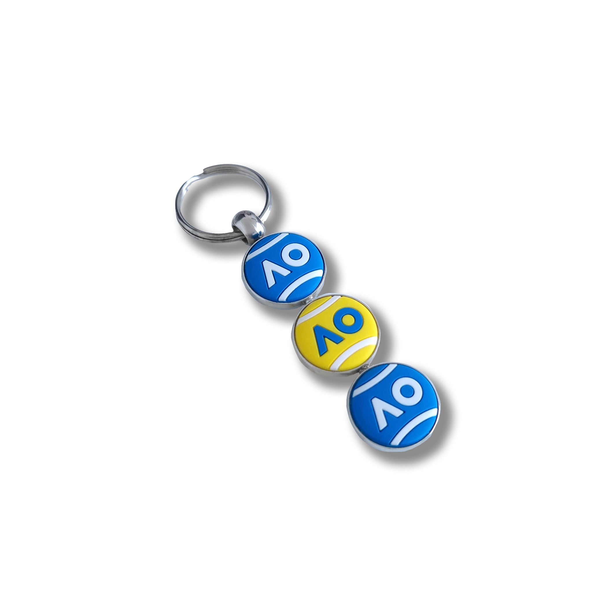 Australian Open 3 Tennis Ball Keyring featuring three spinning 2D tennis balls with the iconic AO logo, perfect for tennis enthusiasts and fans of the Happy Slam.