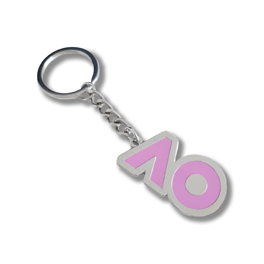 Pink AO Logo Keyring featuring the iconic AO logo in enamel, with a split keyring attachment and premium silver-plated metal finish.