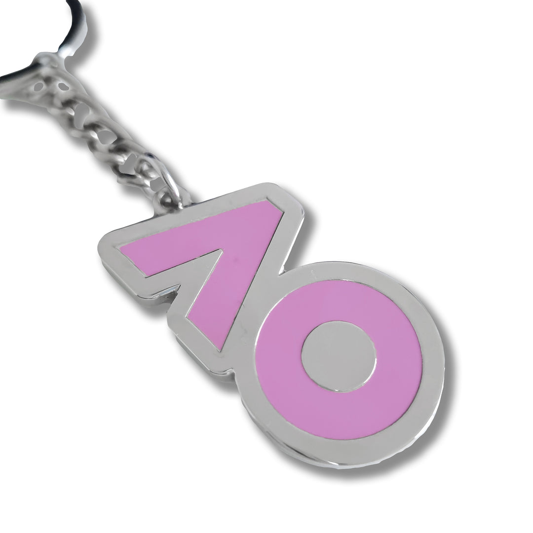 Close up: Pink AO Logo Keyring featuring the iconic AO logo in enamel, with a split keyring attachment and premium silver-plated metal finish.