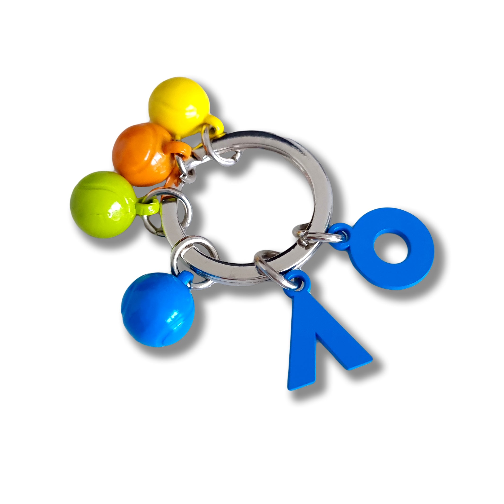 AO Coloured Tennis Ball Charm Keyring featuring 3D tennis ball and AO logo charms with a split keyring attachment and a high-quality silver-plated finish, measuring 60mm wide by 55mm high.