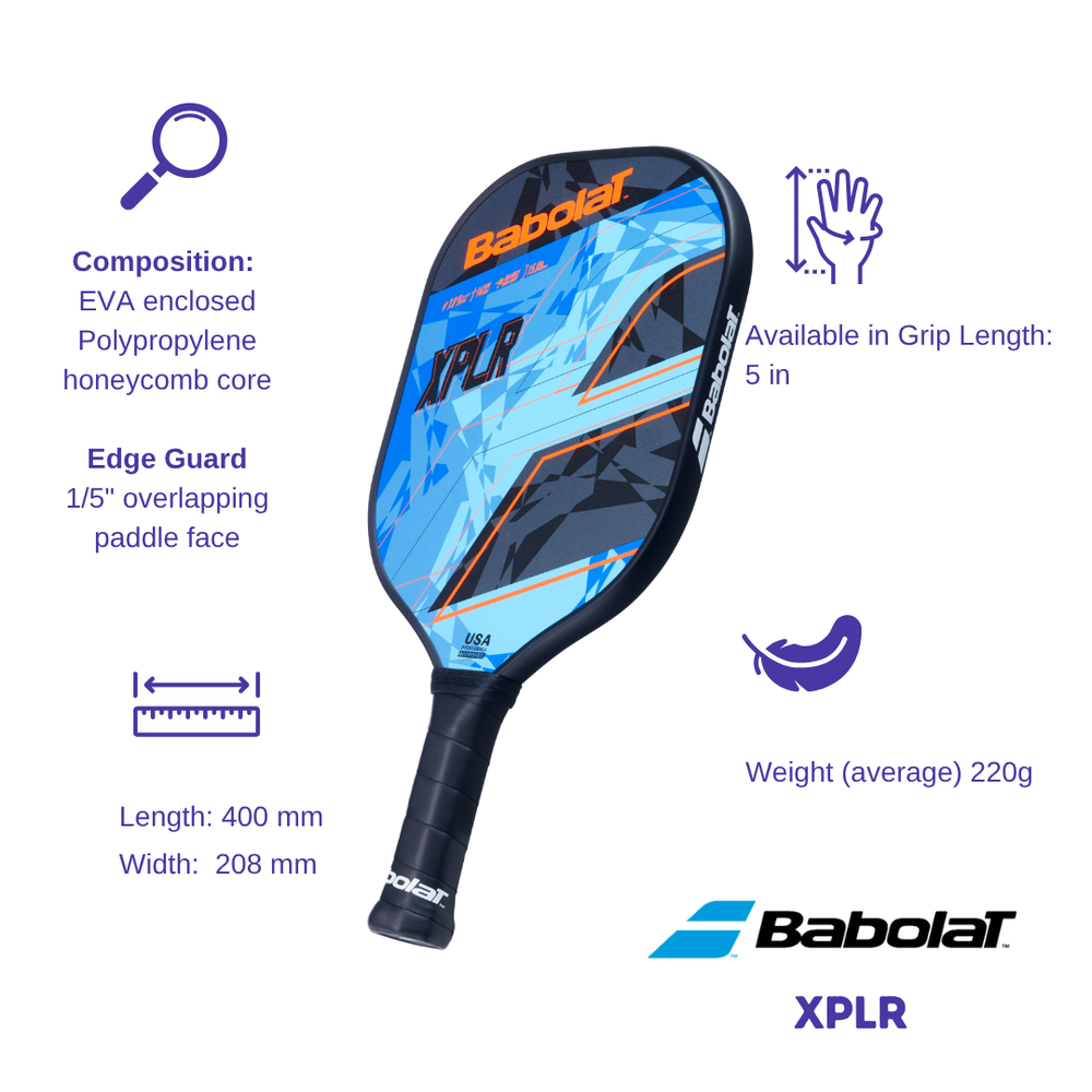 Annotated diagram of the Babolat XPLR paddle with specs including composition, length, width, and grip length displayed on a white background.