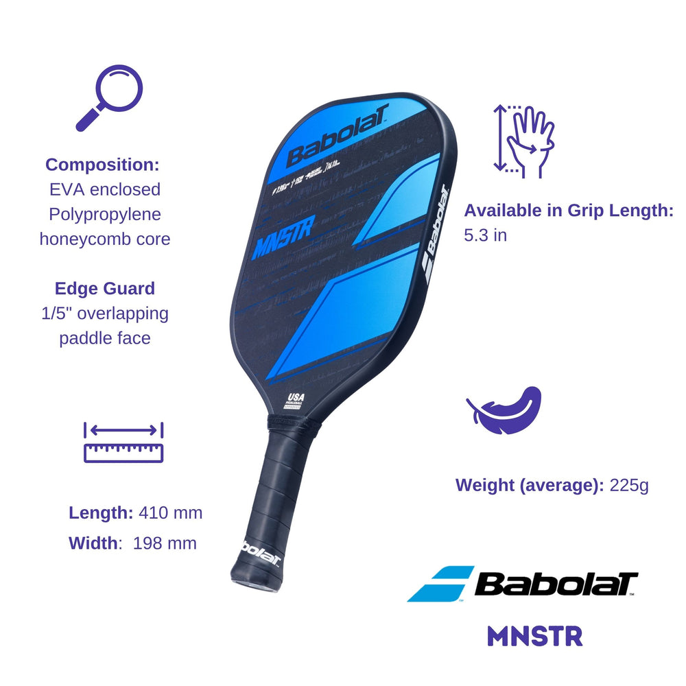 Babolat MNSTR+ paddle with annotated features, including length, width, edge guard, and grip length, on a white background.