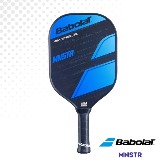 Close-up view of the Babolat MNSTR paddle, showing the face with blue and black graphics against a white background.