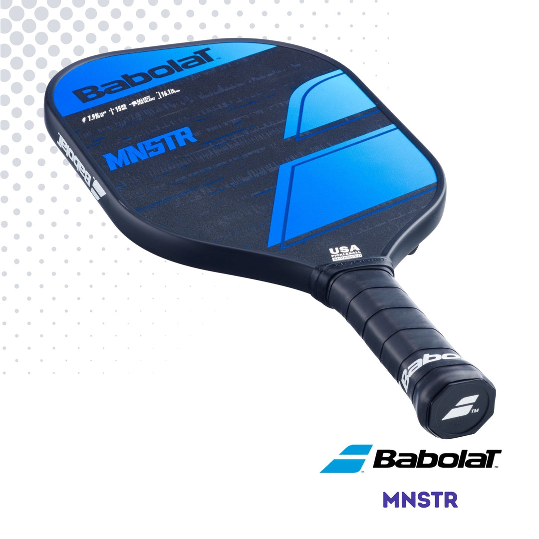 Handle view of the Babolat MNSTR paddle, showcasing the blue and black graphics against a white background.