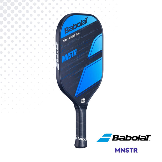 Left side view of the Babolat MNSTR paddle, showcasing the blue and black graphics against a white background.