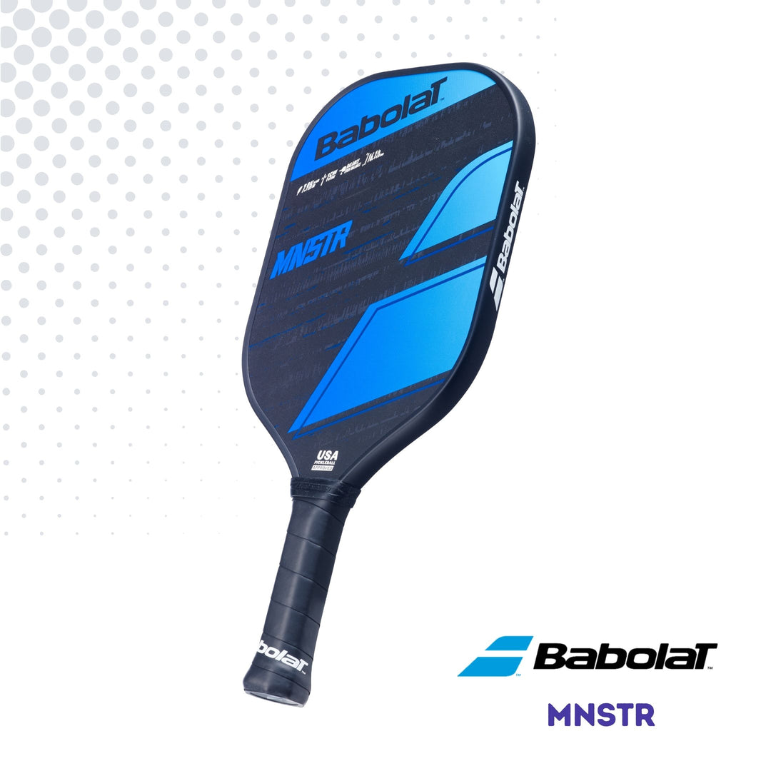 Right side view of the Babolat MNSTR paddle, showcasing the blue and black graphics against a white background.