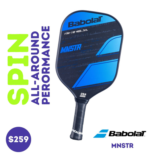 Close-up view of the Babolat MNSTR paddle. Showing the face with blue and black graphics against a white background.