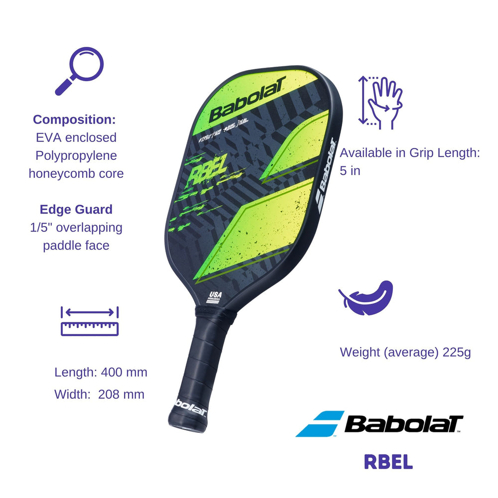 Babolat RBEL paddle with annotated features, including length, width, edge guard, and grip length, on a white background.