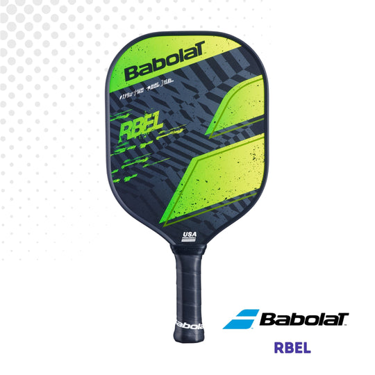 Front view of the Babolat RBEL paddle showcasing the green and black graphics against a white background.