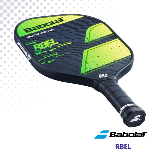 Handle view of the Babolat RBEL paddle showcasing the green and black graphics against a white background.