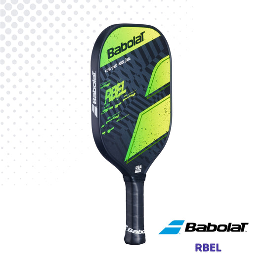 Left side of the Babolat RBEL paddle showcasing the green and black graphics against a white background.