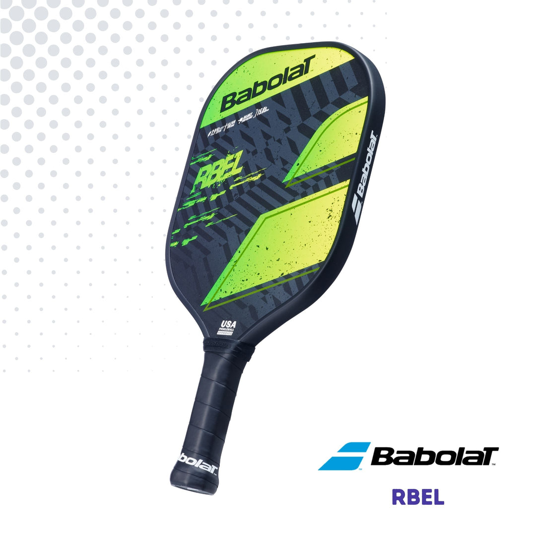 Right side of the Babolat RBEL paddle showcasing the green and black graphics against a white background.