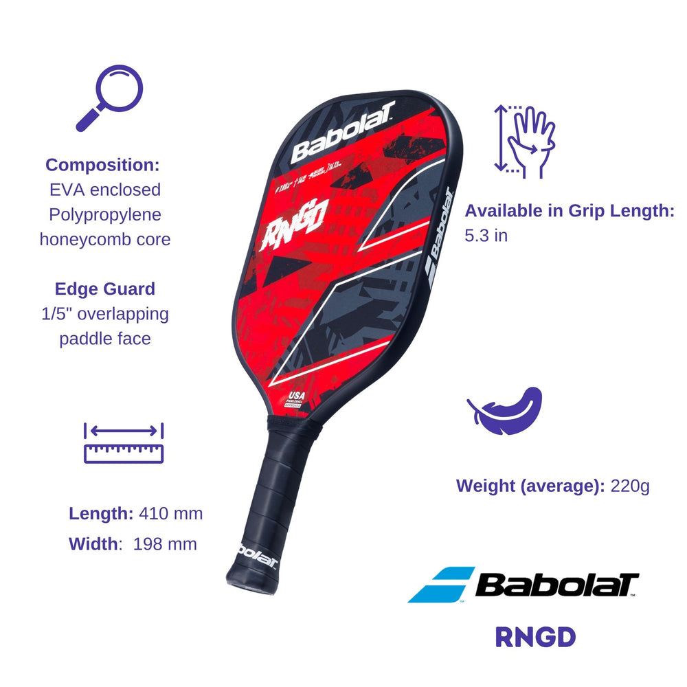 Babolat RNGD paddle with annotated features, including length, width, edge guard, and grip length, on a white background.