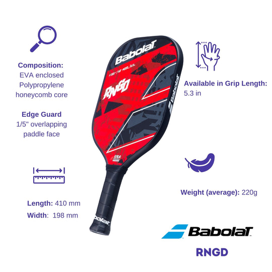 Babolat RNGD paddle with annotated features, including length, width, edge guard, and grip length, on a white background.