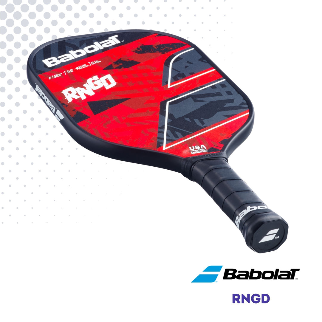 Handle of the Babolat RNGD paddle showcasing the red and black design, displayed against a white background.