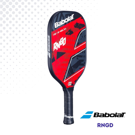 Left side of the Babolat RNGD paddle showcasing the red and black design, displayed against a white background.