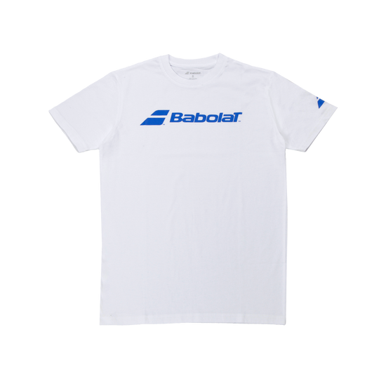 Babolat Logo T-Shirt in White with Blue Logo, made from 100% cotton with the iconic Babolat logo on the front.