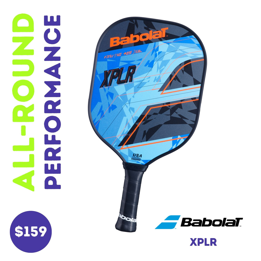 Front view of the Babolat XPLR paddle features all-around performance. Showcasing the face with orange, blue and black graphics against a white background.