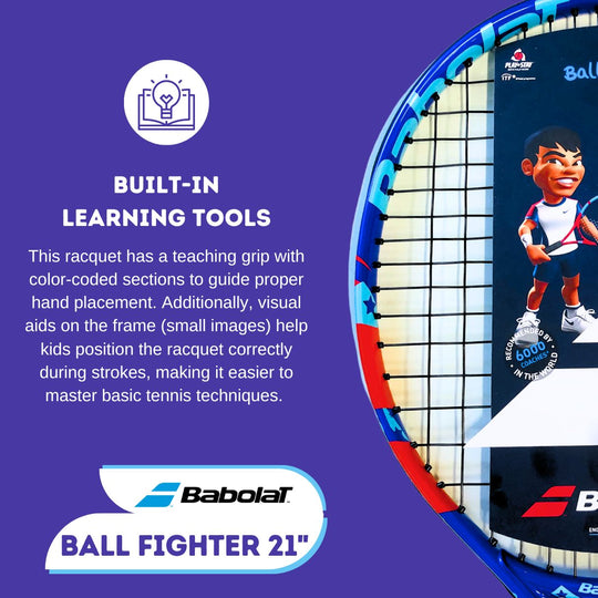 Babolat Ball Fighter 21" Built-in Learning Tools: Features color-coded grip and visual aids to help kids learn tennis techniques.