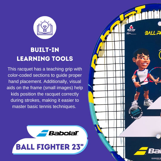 Babolat Ball Fighter 23" Built-in Learning Tools: Teaching grip and visual cues for mastering tennis fundamentals.