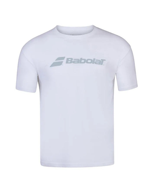 Babolat Logo T-Shirt in White with Silver Logo, made from 100% cotton with the iconic Babolat logo on the front.
