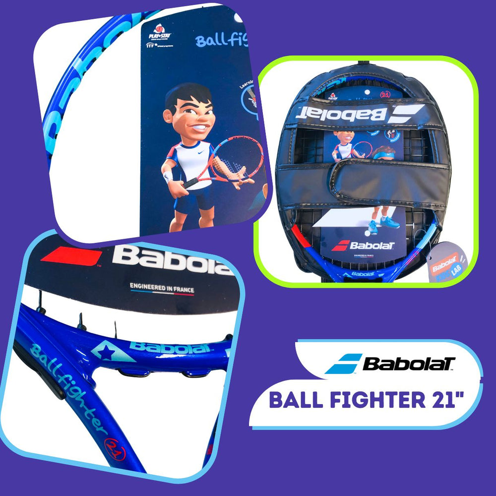 Babolat Ball Fighter 21" Three Views: Top, throat, and protective cover.