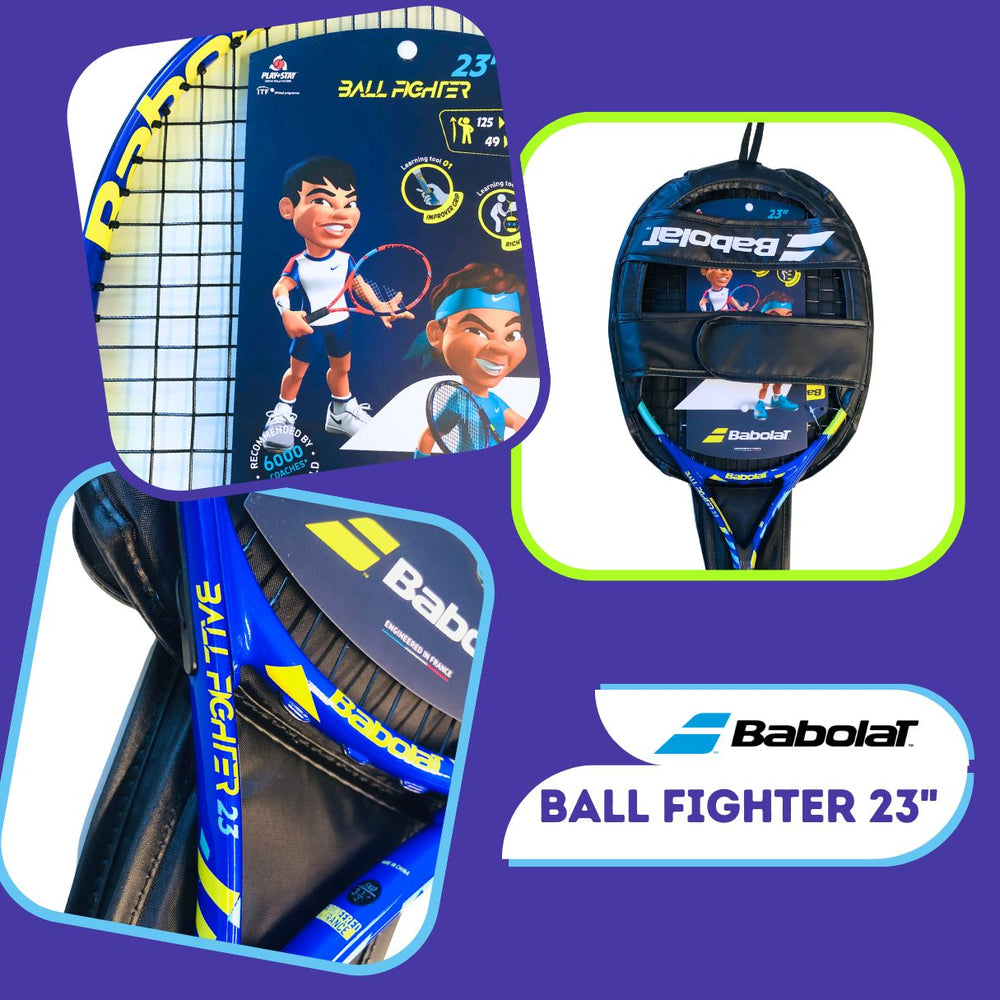 Babolat Ball Fighter 23" Three Views: Top, throat, and protective cover for easy storage.