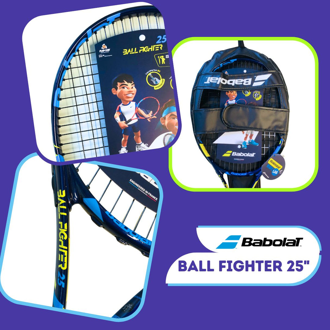 Babolat Ball Fighter 25" Three Views: Top, throat, and protective cover.