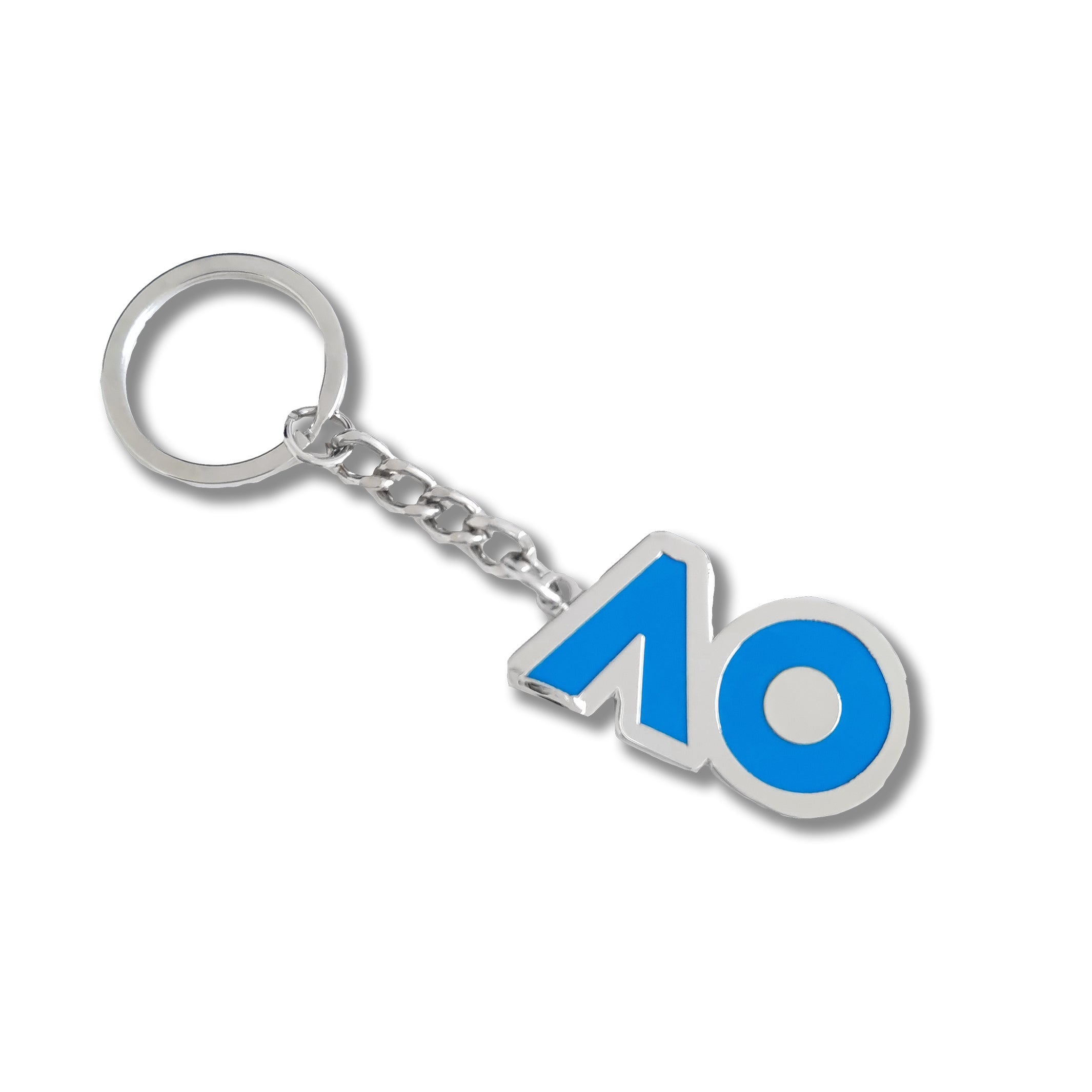 Blue AO Logo Keyring featuring the iconic AO logo in enamel, with a split keyring attachment and premium silver-plated metal finish.