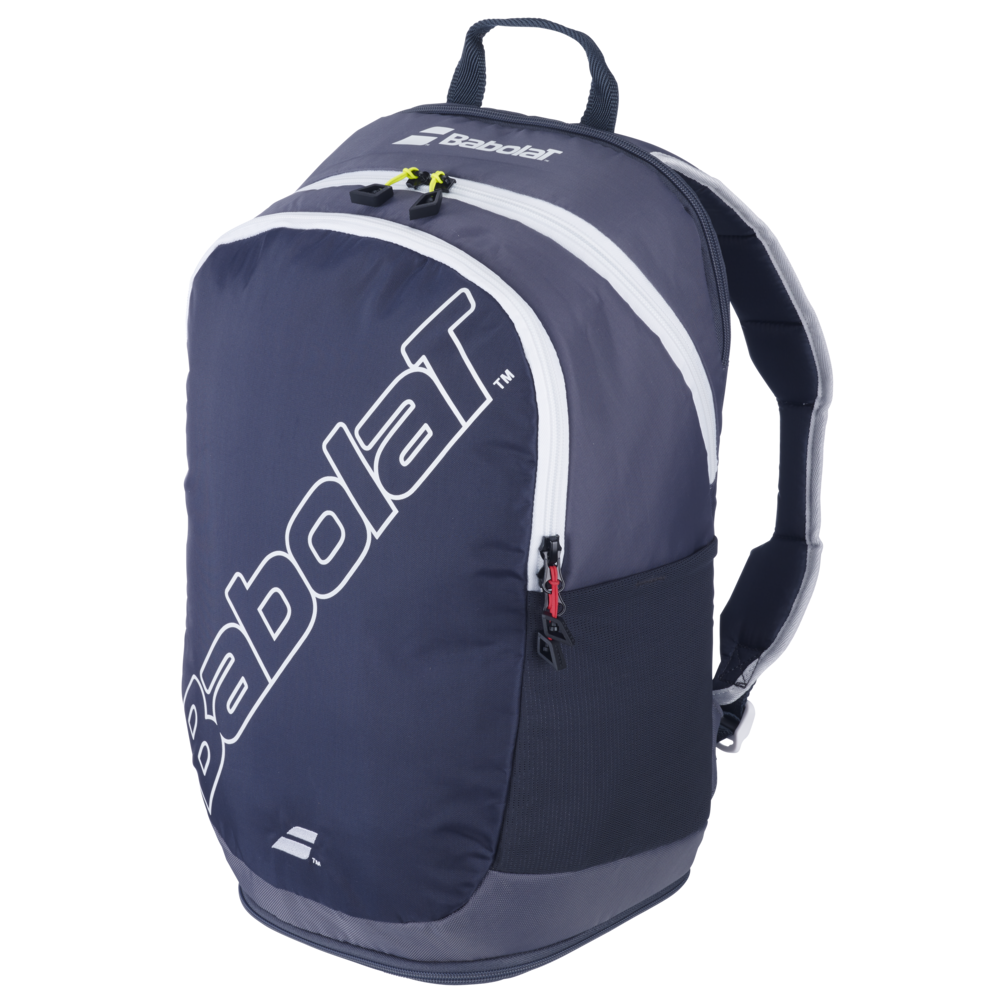 Front view of the Babolat Evo Court Backpack in black, featuring two compartments for racquet and equipment storage, a special shoe compartment, and padded, adjustable shoulder straps for comfortable carrying.