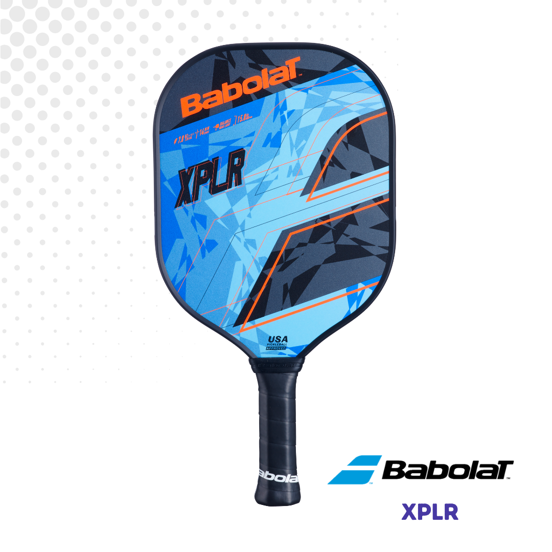 Front view of the Babolat XPLR paddle, showing the face with orange, blue and black graphics against a white background.
