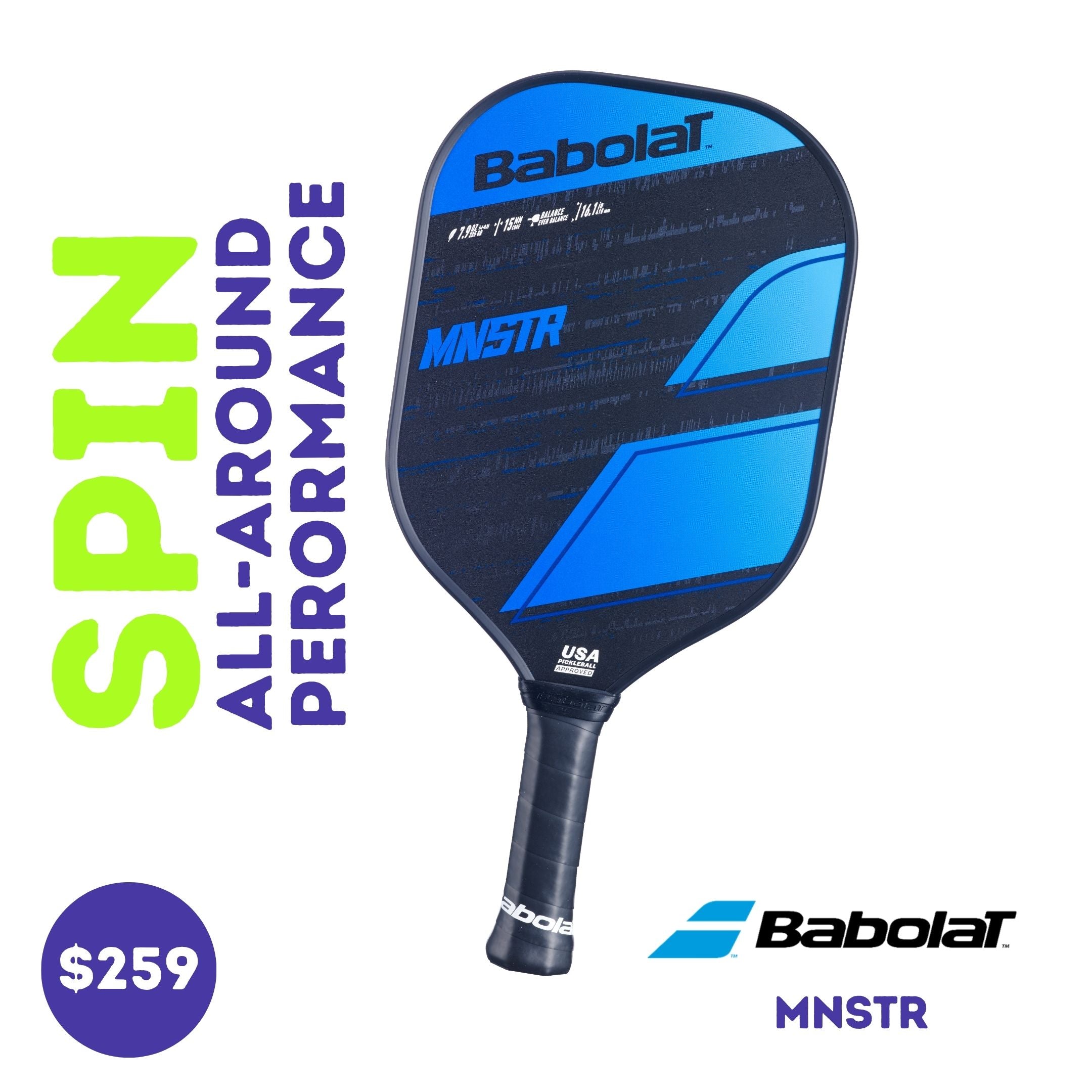 Close-up view of the Babolat MNSTR paddle. Showing the face with blue and black graphics against a white background.
