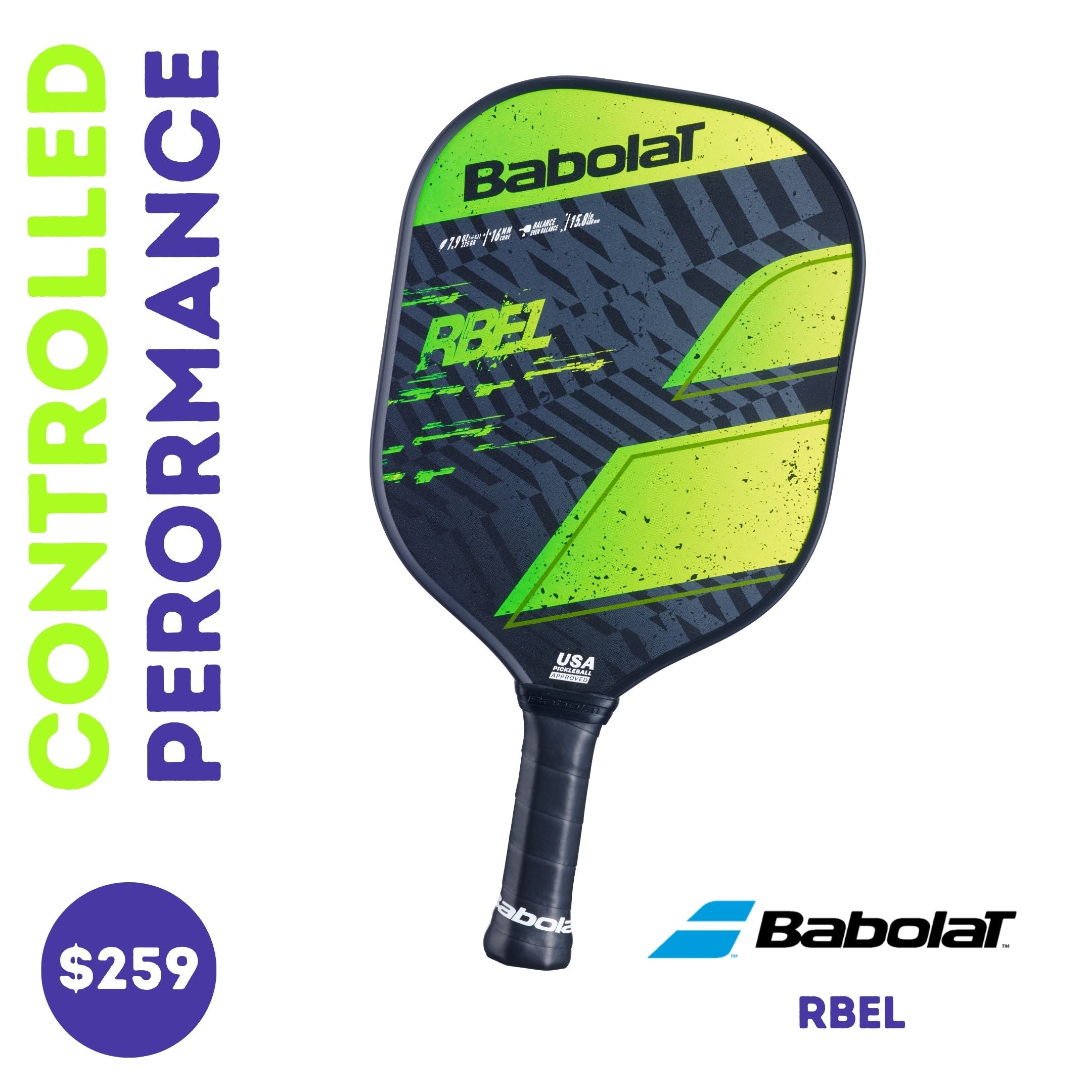 Front view of the Babolat RBEL paddle with controlled performance. Showcasing the face with green and black graphics against a white background.