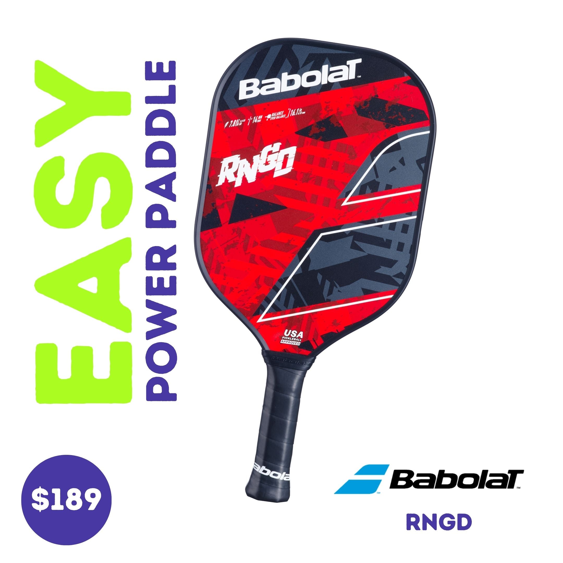 Front view of the Babolat RNGD paddle, showing the face with red and black graphics against a white background.