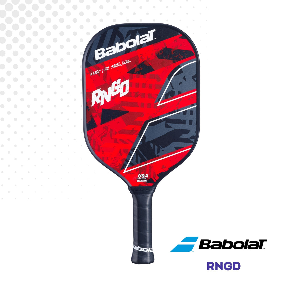 Front view of the Babolat RNGD paddle showing the face with red and black design, displayed against a white background.