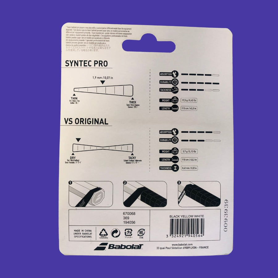 Poignée Et Surgrips Babolat Syntec Pro + VS Original - Pour Raquette De Tennis, Absorption Transpiration