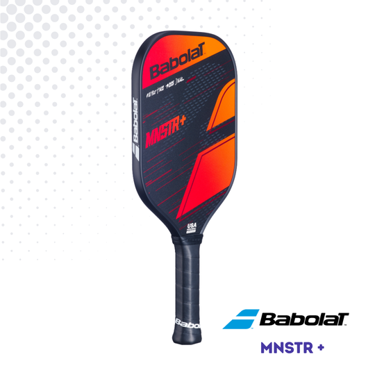 Side Left view of the Babolat MNSTR+ paddle, showing the face with orange, red and black graphics against a white background.