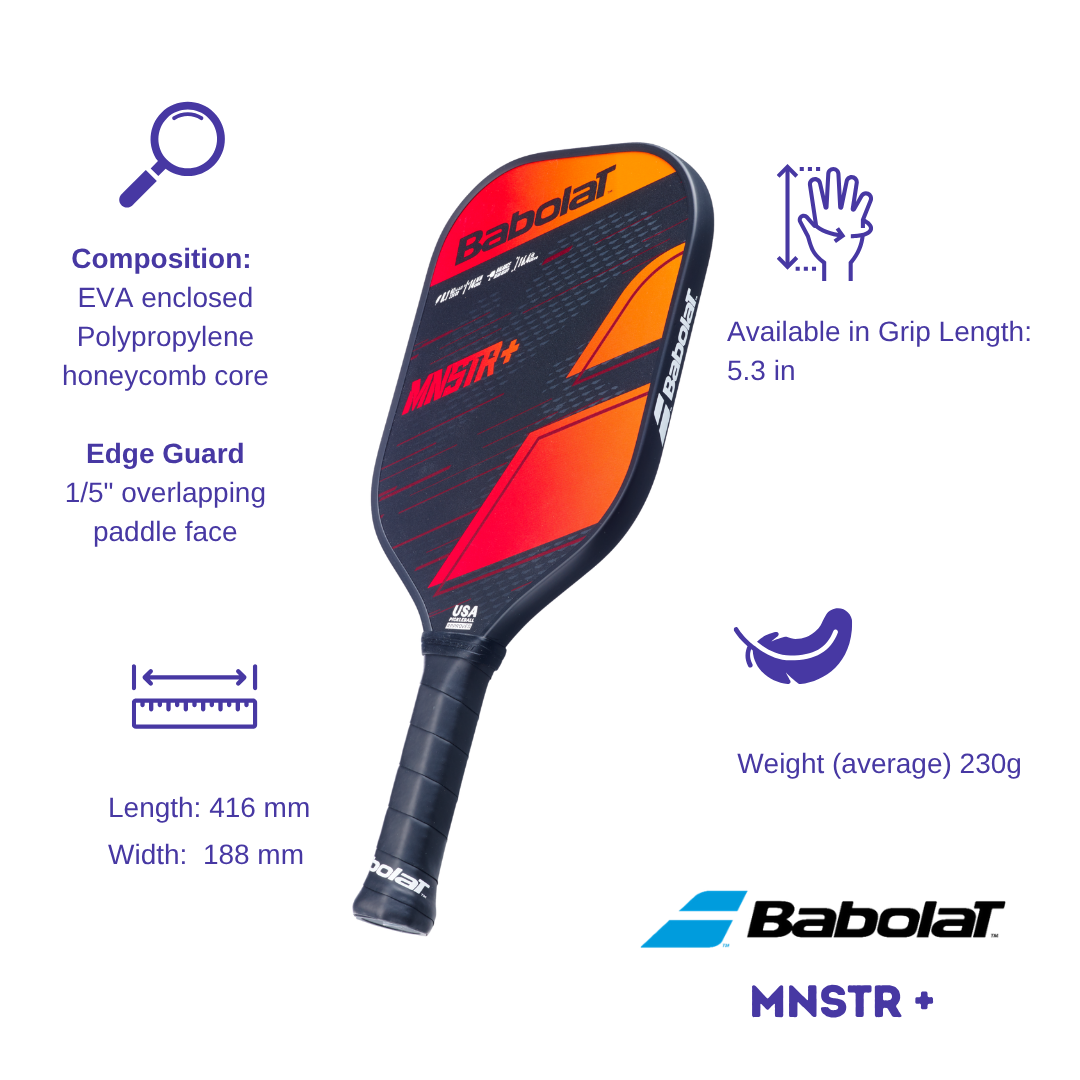 Babolat MNSTR+ paddle with annotated features, including length, width, edge guard, and grip length, on a white background.