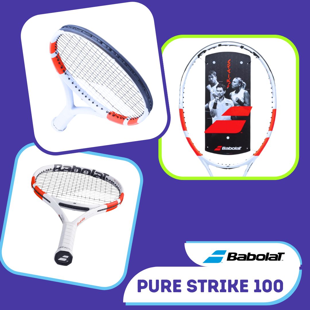 Top, bottom, and face view of the unstrung Pure Strike 100.