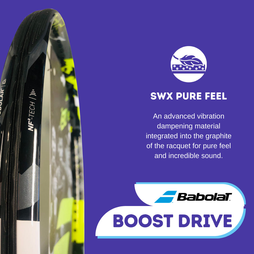 Babolat Pure Aero Racquet: SWX Pure Feel: Advanced vibration dampening material integrated into the graphite of the racquet offers a pure feel and exceptional sound.