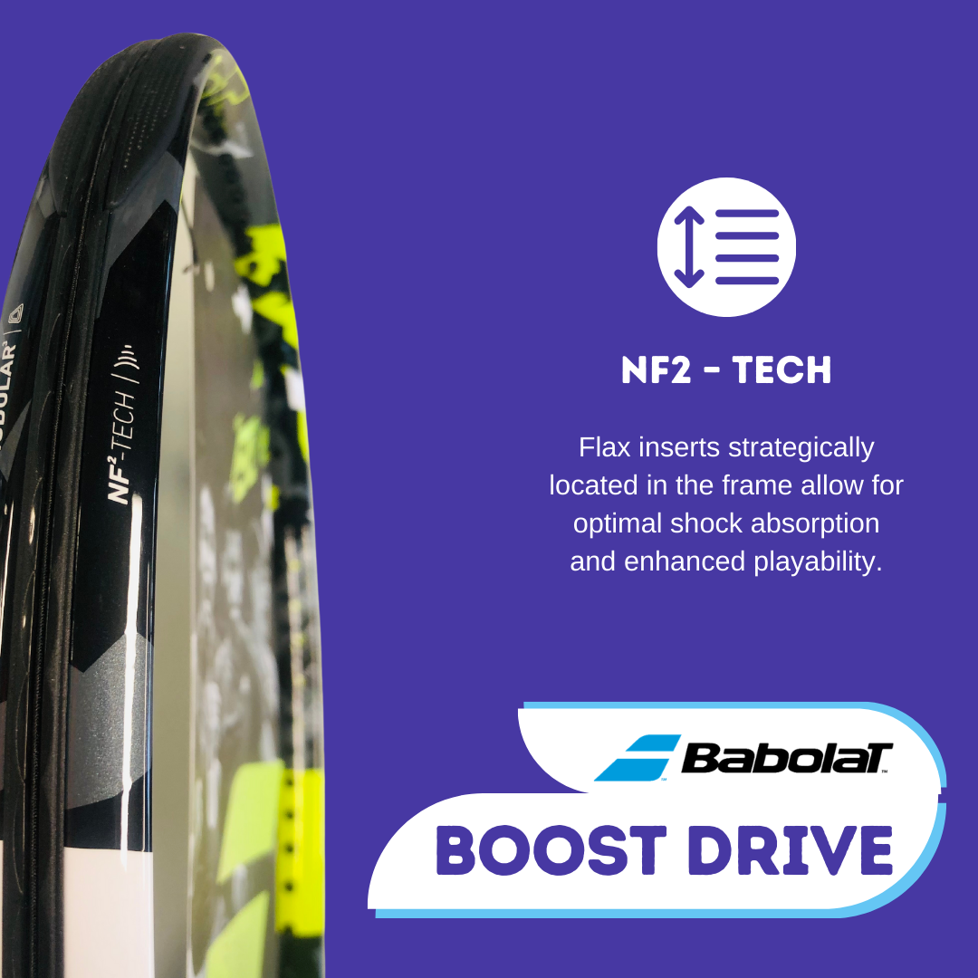 Babolat Pure Aero Racquet: NF² Tech: Flax inserts strategically placed in the frame allow for optimal shock absorption and improved playability.