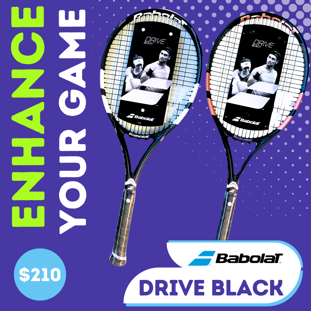 Babolat Drive Black Tennis Racquet, showcasing its sleek design and graphite composition.