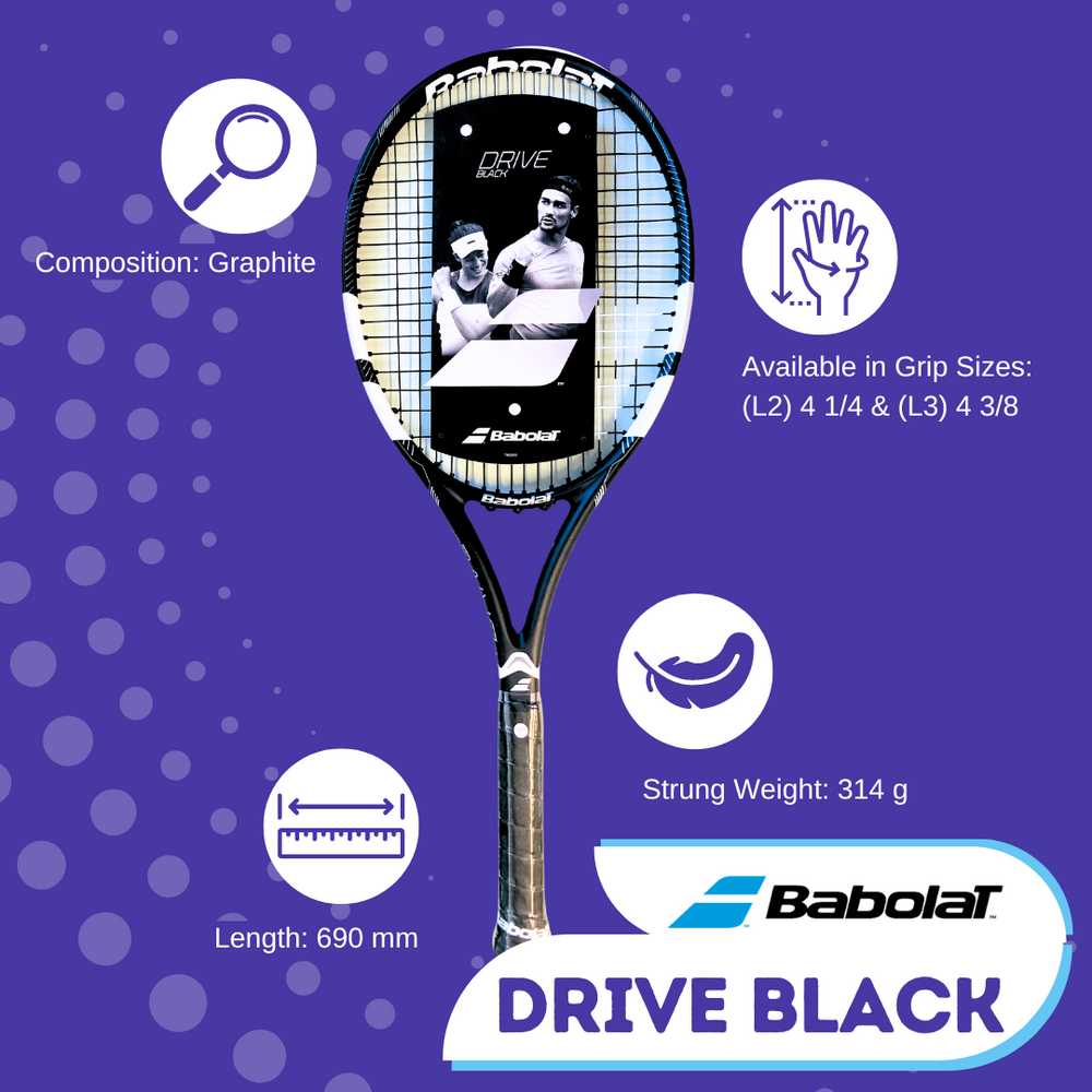 Babolat Drive Black Tennis Racquet, Made of Graphite, Available in L2 & 3 sizes, Length: 690mm, Strung Weight: 314g